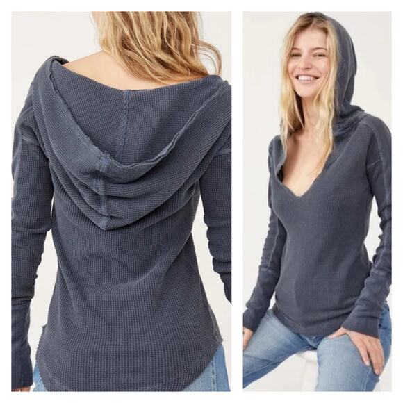 Free People Margo Essential Thermal Hoodie Womens Medium Cream Ivory - Picture 9 of 9